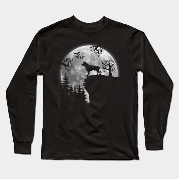 Pitbull And Halloween Moon Long Sleeve T-Shirt by celestewilliey